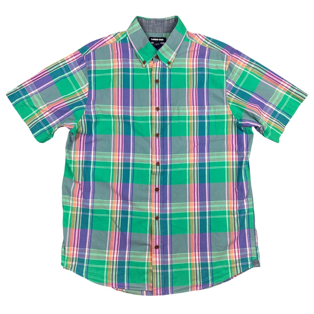 Lands End Mens Large Tall Plaid Short Sleeve Button Down Shirt Green Multi Color
